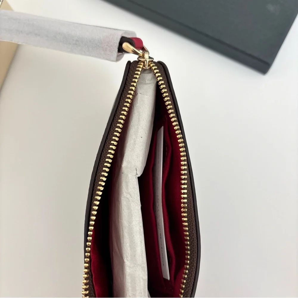 NWT Coach Signature Metallic Corner Zip Wristlet Dark Brown Red Strap